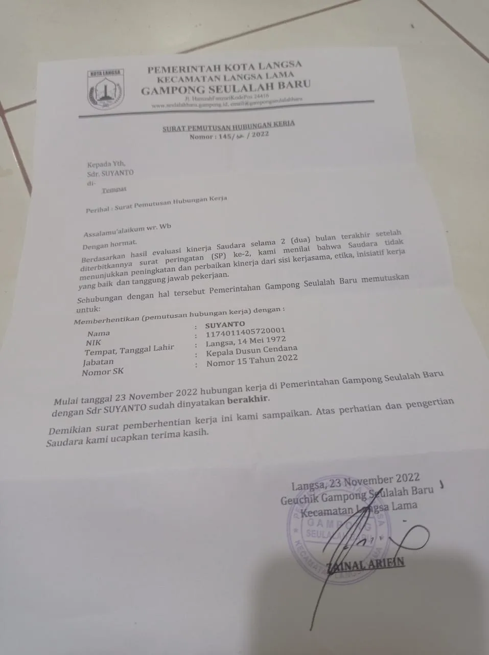 Geuchik Pecat  Kadus Cendana, langar Permendagri 67 Tahun 2017
