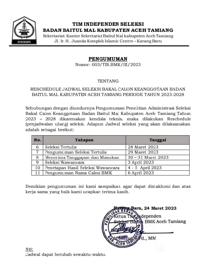 Pemkab Aceh Tamiang Kembali Keluarkan Jadwal Balon Komisioner Baitul Mal