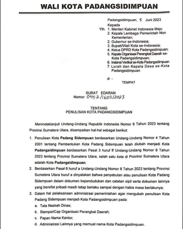 Walikota Keluarkan Edaran Penulisan Padang Sidempuan Menjadi Padangsidimpuan