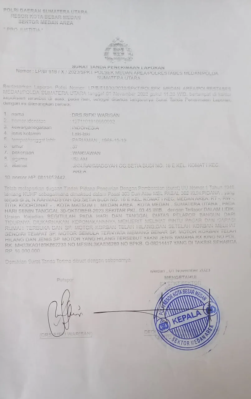 Rumah Wakil Ketua PWI Sumut Dibobol Maling, RX King Lenyap