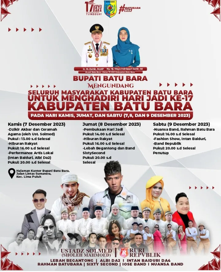 Bupati Undang Masyarakat Hadiri Acara Hari Jadi Batubara Ke-17 Tgl 7 sampai 9 Desember 2023