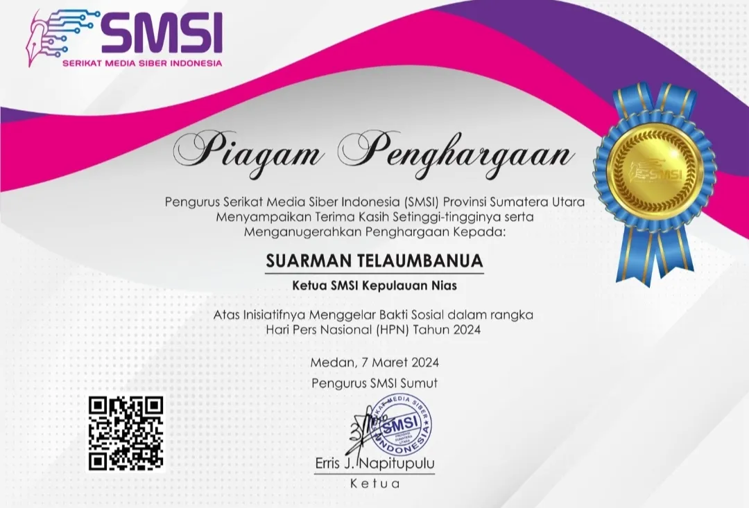 SMSI Kepulauan Nias Terima Penghargaan