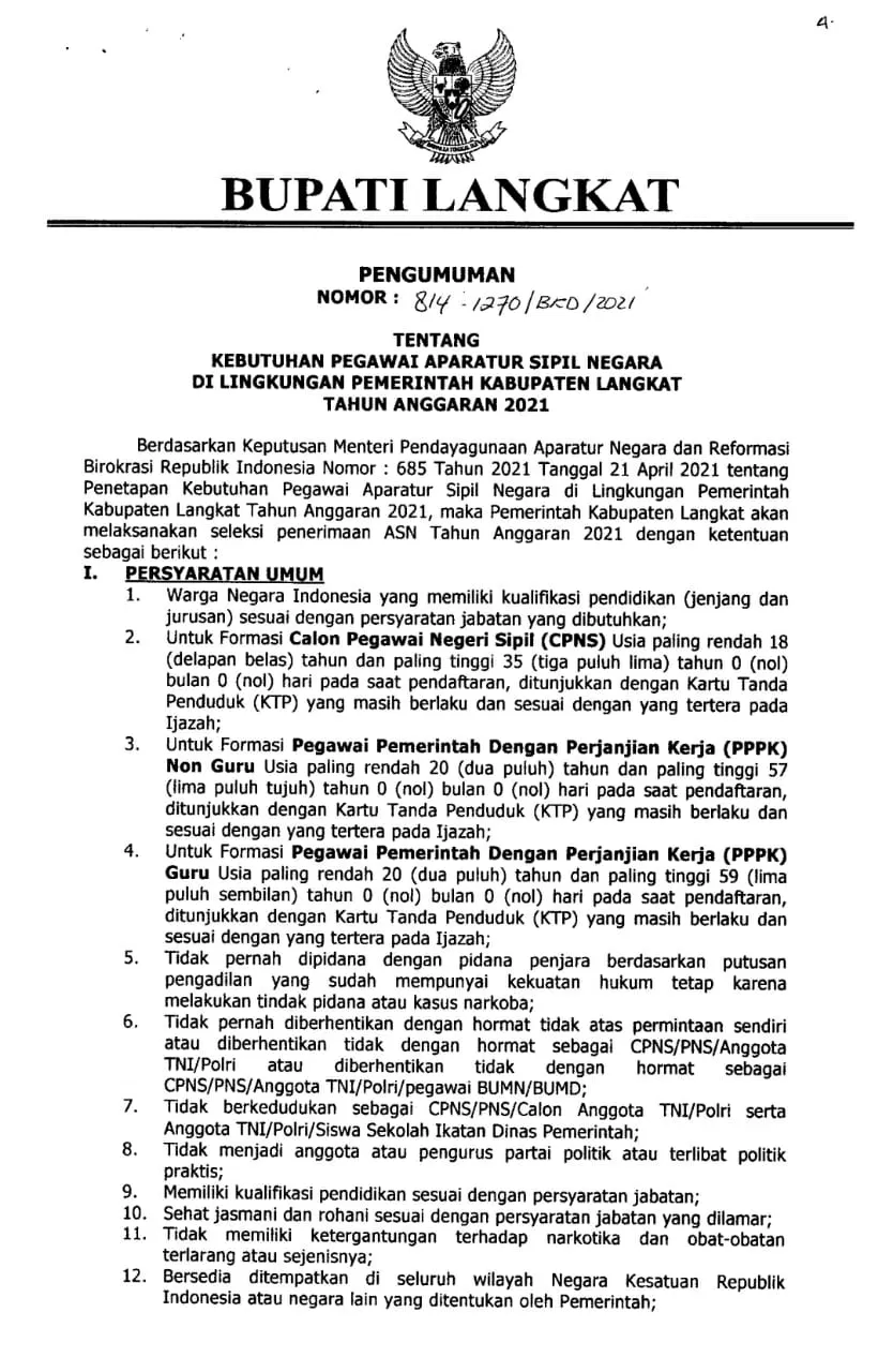 Pemkab Langkat Buka Pendaftaran CPNS Dan PPPK