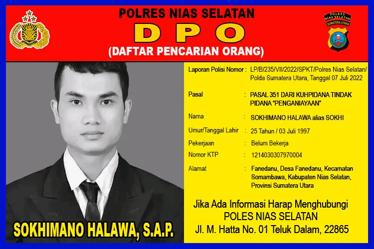 Diduga Aniaya IRT, Sokhimano Halawa DPO Polres Nisel