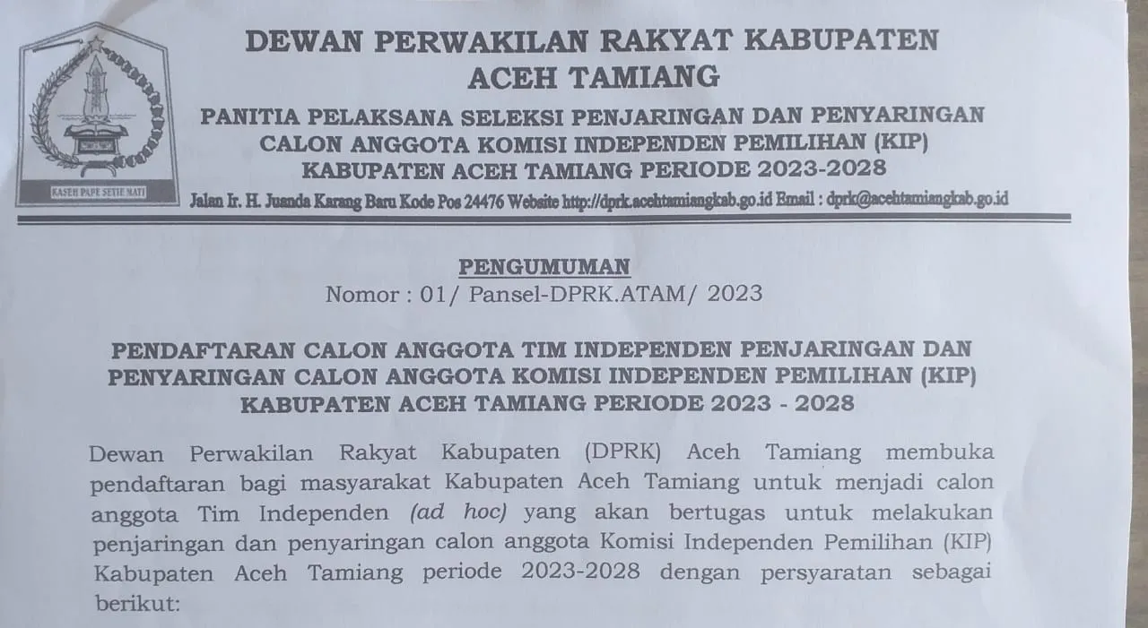 DPRK Aceh Tamiang Buka Rekrutmen Tim Independen Penjaringan dan Penyaringan