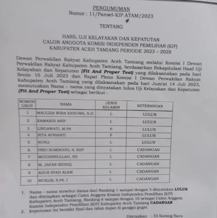 Komisi I DPRK Aceh Tamiang Tetapkan 5 Komisioner KIP