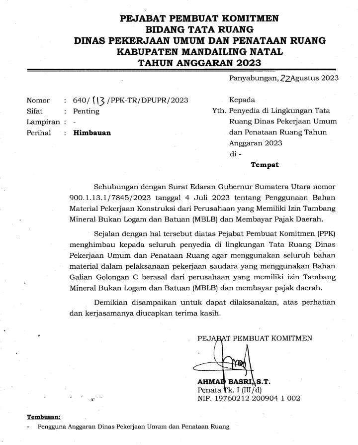 PUPR Madina Keluarkan Imbauan Penggunaan Material Galian C Berizin