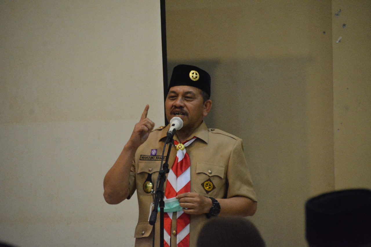 Ketua Kwartir Cabang (Kwarcab) gerakan Pramuka Kota Langsa Dr.H.Marzuki Ahamid.MM.pada acara pembukaan Rakor Kwarda Aceh.beritasore/Edy Saputra.