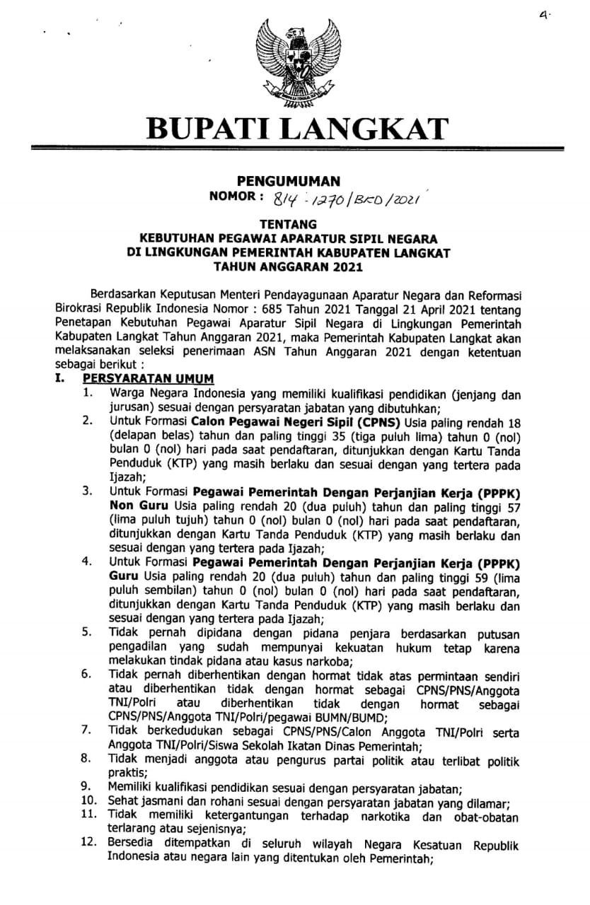 Surat Pengumuman Pemkab Langkat. Beritasore/ist