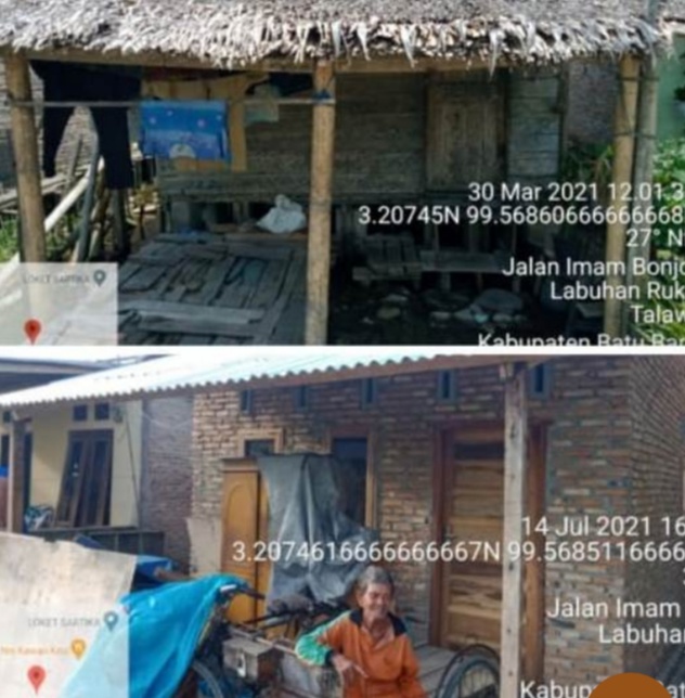 Bedah Rumah Sidik Lubis (70) warga Lingkungan V kelurahan Labuhan Ruku Kecamatan Talawi Kab.Batubara, bantuan Rumah Tidak Layak Huni (RTLH), Rabu (27/7/2021). beritasore/alirsyah