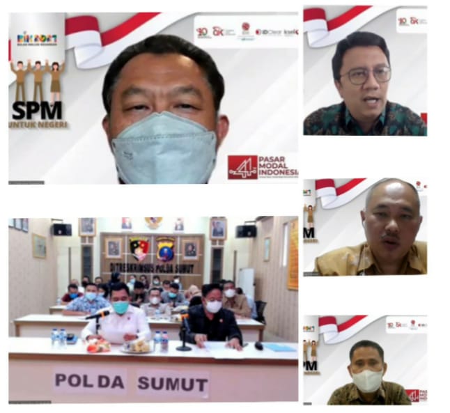 Direktur Lembaga Jasa Keuangan OJK, Untung Santoso (atas kiri),   Reserse Kriminal Khusus Polda Sumut AKBP Patar MH Silalahi'(bawah kiri,j Penyidik Eksekutif Departemen Penyidikan Sektor Jasa Keuangan OJK Jus Marfinnoor (bawah kanan) dan Kantor Perwakilan Bursa Efek Indonesia (BEI) Medan Muhammad Pintor Nasution (' Sabtu (30/10). beritasore/laswiewakid