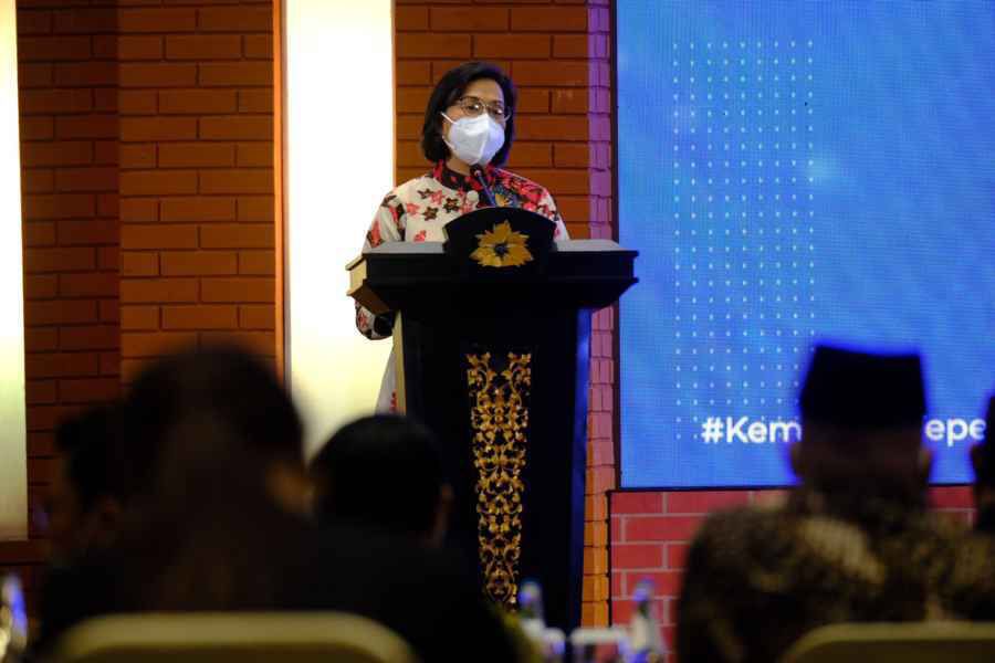 Menkeu Sri Mulyani pada acara Kick off sosialisasi UU HPP yang diselenggarakan di Bali Nusa Dua Convention Center, Jumat (19/11).