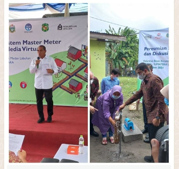 Gubsu Edy Rahmayadi didampingi Dirut PDAM Tirtanadi Kabir Bedi meresmikan pemakaian master meter di pemukiman warga Gang Noya Jalan Yos Sudarso Kecamatan Medan Labuhan, Kamis (2/12/2021). beritasore/ist