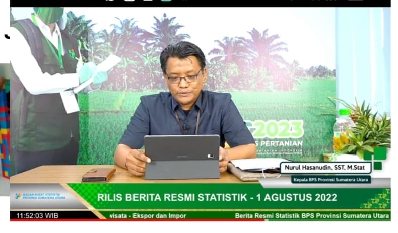 Kepala BPS Sumut Nurul Hasanudin pada rilis statistik secara live streaming di kantornya, Senin (1/8/2022). beritasore/ist