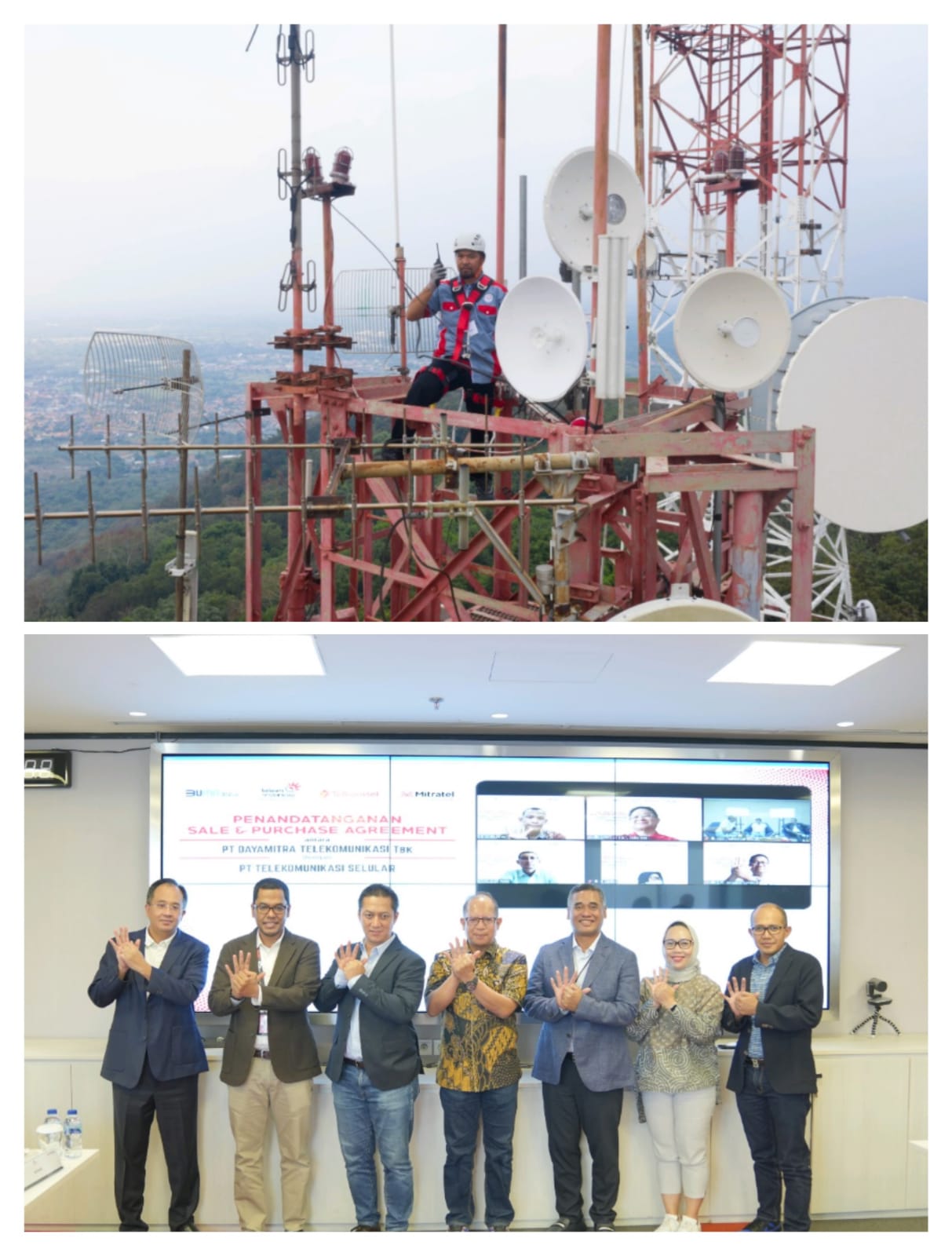 Berita Sore/ist Pimpinan Mitratel dan Telkomsel menandatangani Perjanjian Jual Beli untuk pengalihan kepemilikan 6.000 menara telekomunikasi milik Telkomsel kepada Mitratel Jumat (27/7/2022).