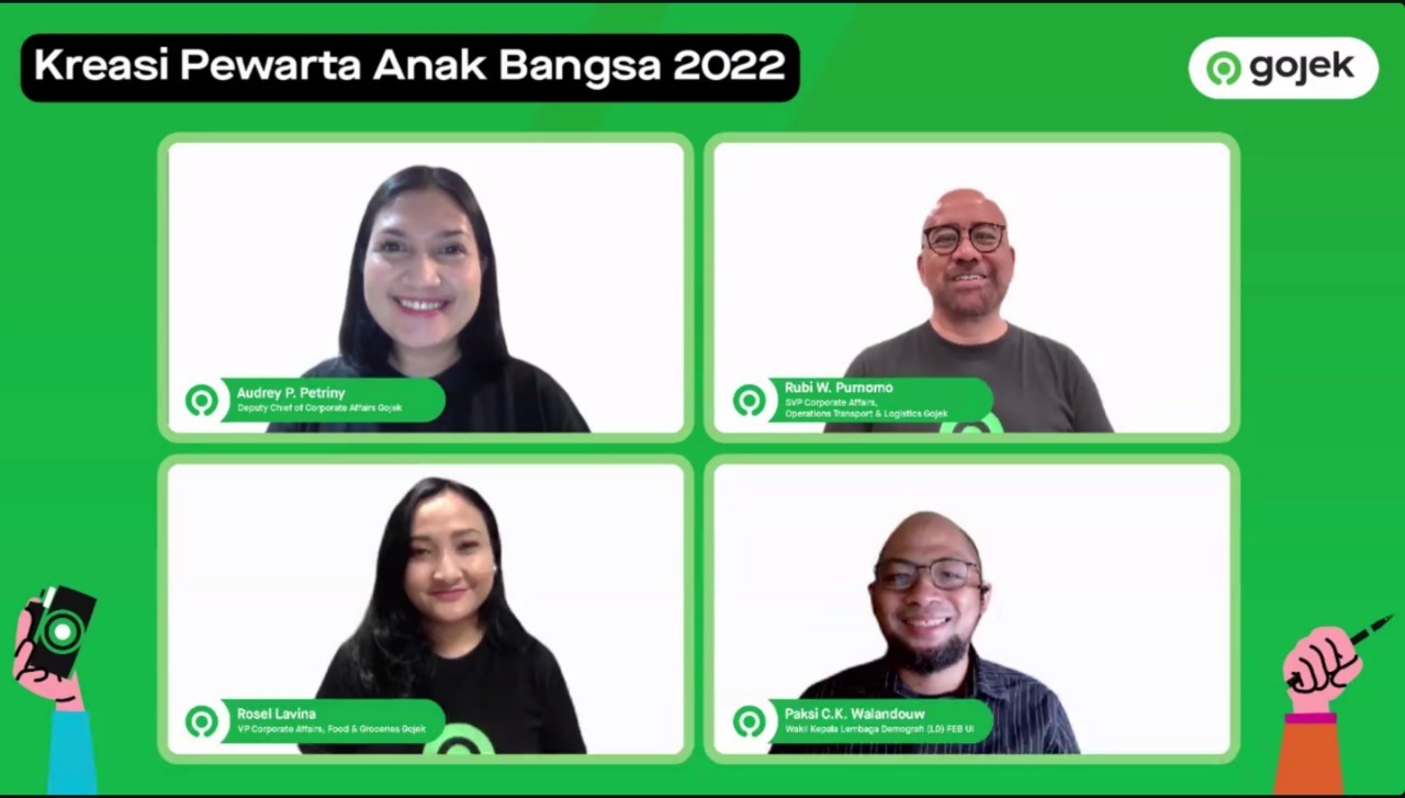 Berita Sore/laswie wakid Deputy Chief of Corporate Affairs Gojek, sekaligus Ketua KPAB 2022, Audrey Progastama Petriny (kiri atas) bersama pembicara lainnya berbicara kepada wartawan secara virtual Kamis (4/8/2022) sore.