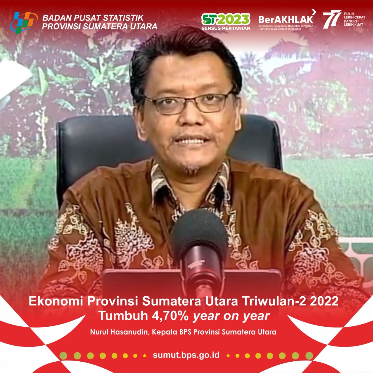 Kepala BPS Sumut Nurul Hasanudin pada rilis berita resmi statistik secara live streaming Jumat (5/8/2022). beritasore/ist