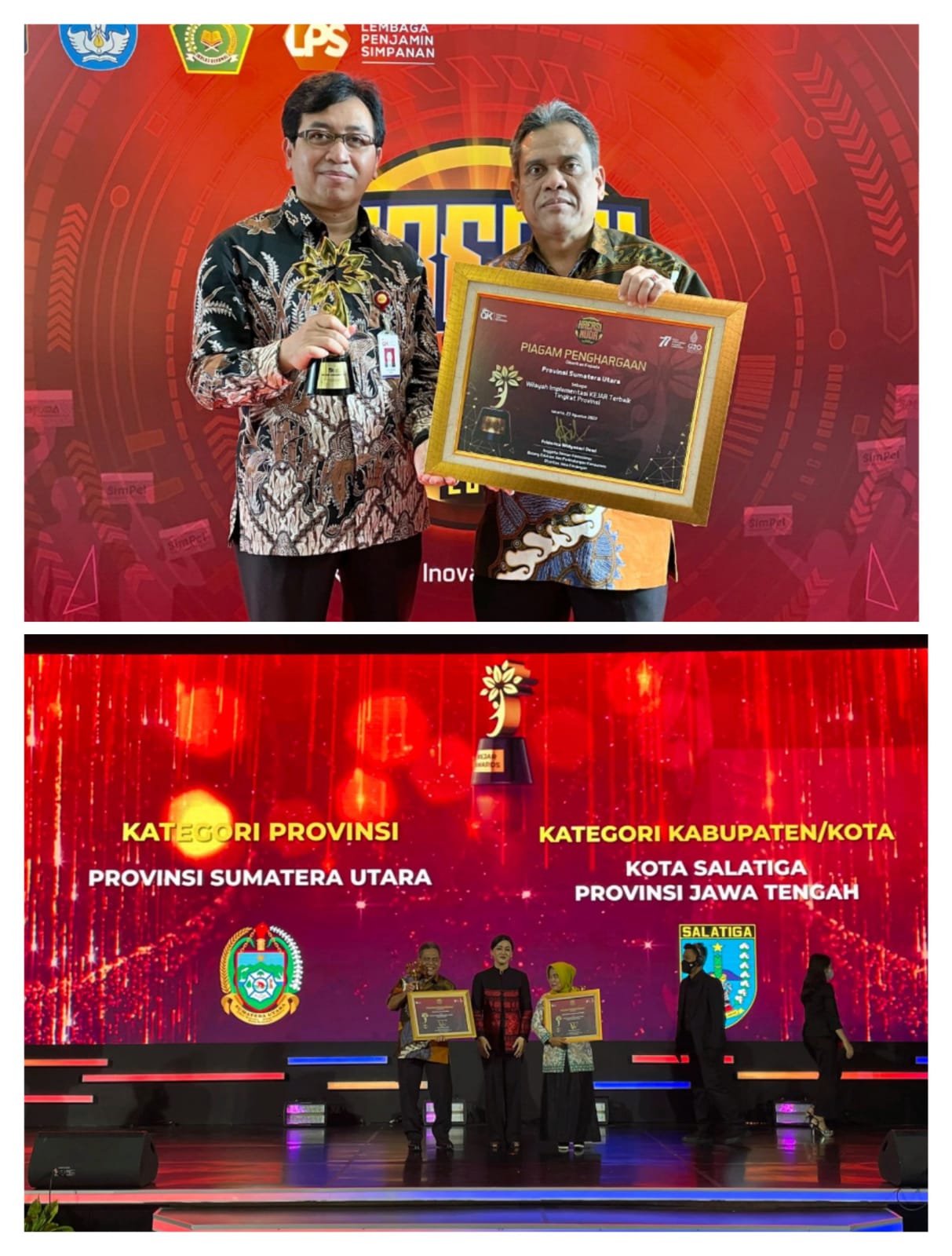 Kepala OJK KR5 Sumbagut Yusup Ansori (kiri) bersama Asisten Administrasi Umum Pemprov Sumut  Hasmirizal Lubis (kanan) menerima penghargaan Sumut provinsi terbaik pada Puncak KREASIMUDA 2022 di Jakarta, Selasa (23/8/2022) yang juga digelar secara virtual. beritasore/ist
