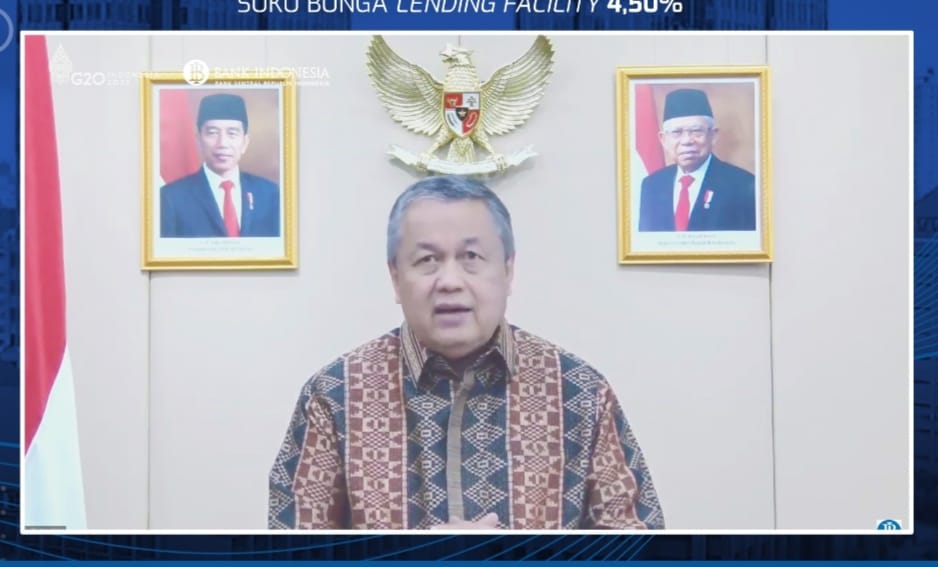 Gubernur BI Perry Warjiyo  pada pengumuman hasil Rapat Dewan Gubernur BI yang juga disiarkan secara virtual Senin (23/8/2022). beritasore/laswie wakid