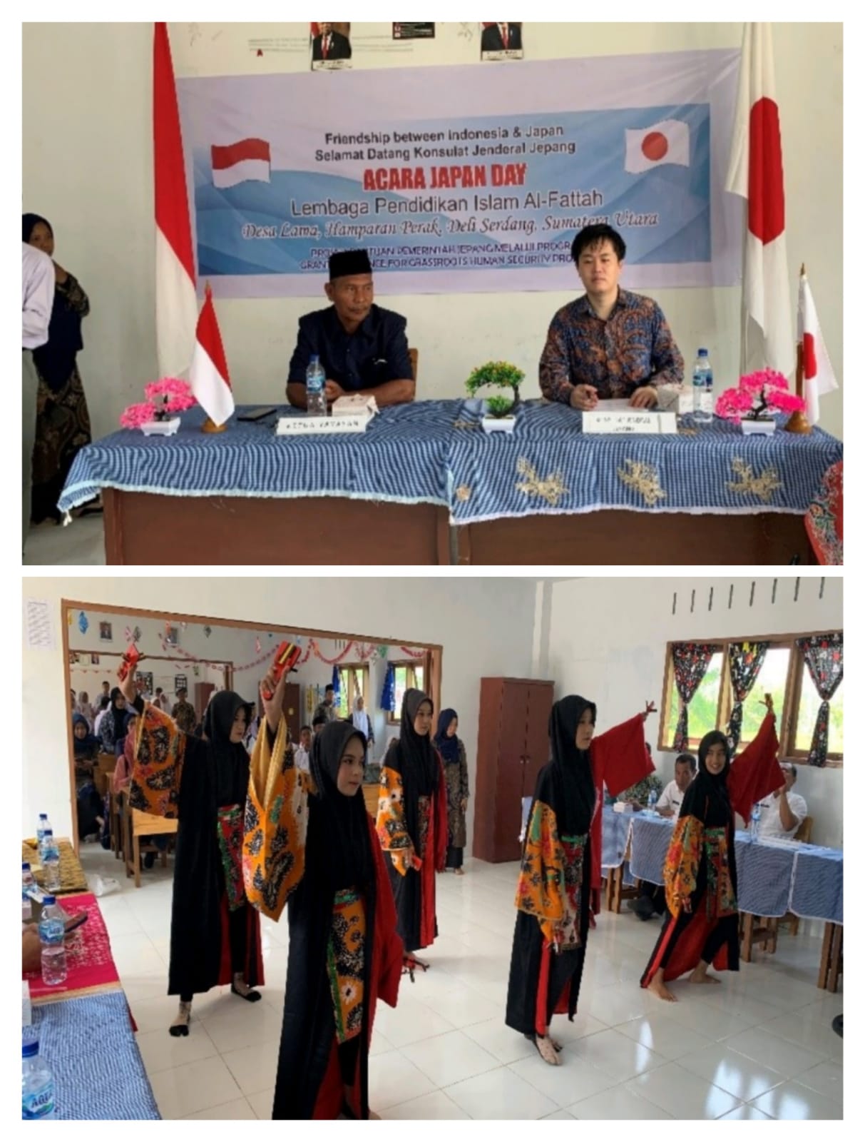 Konsul Muda Kubo Ryutaro dari Konsulat Jenderal Jepang di Medan (kanan) bersama Ketua Yayasan LP Islam Al-Fattah Ir Rafid Rizal di Hamparan Perak, Deli Serdang kemarin. beritasore/ist