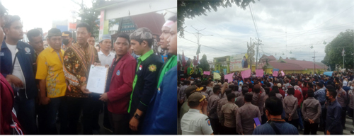 Seribuan mahasiswa tergabung dalam Aliansi Badan Eksekutif Mahasiswa (BEM) se- Kota P.Sidimpuan berunjuk rasa penolakan harga Bahan Bakar Minyak (BBM) di depan Kantor DPRD Kota P.Sidimpuan, Kamis (8/9). beritasore/Birong RT