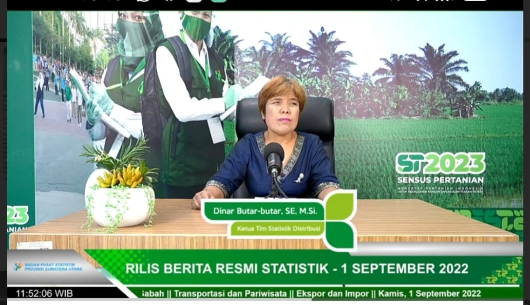 Ketua Tim Statistik Distribusi BPS Sumut Dinar Butar-butar pada rilis statistik secara virtual Jumat (1/9/2022). beritasore/ist