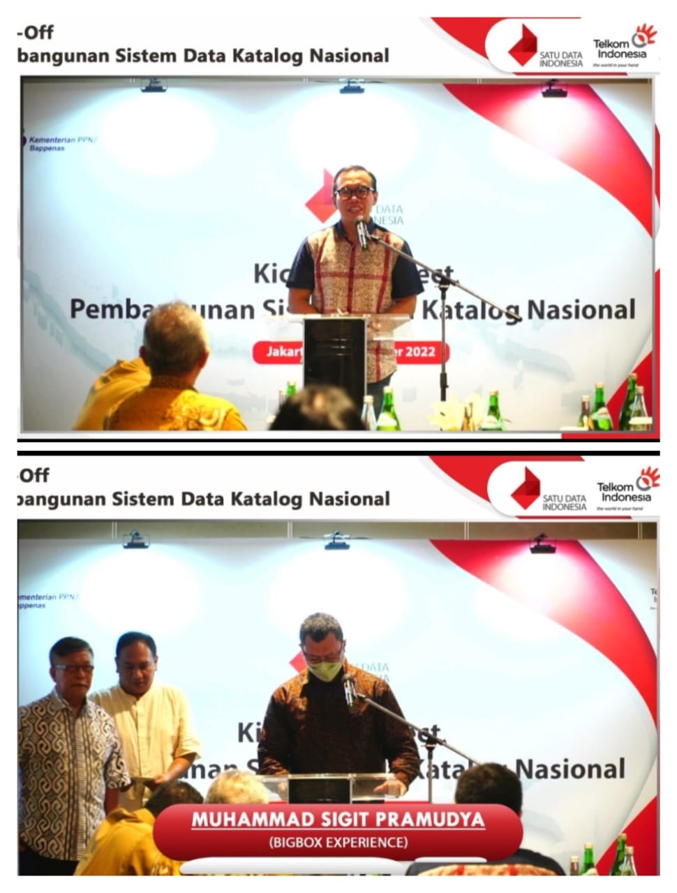 Direktur Digital Business Telkom Muhamad Fajrin Rasyid (atas), bawah: CEO BigBox Muhammad Sigit Pramudya (paling kanan) didampingi Tenaga Ahli Telkom Dodi Sukmayadi  (kiri) dan Hendra Eka Putra (tengah)  pada acara Kick-off Project Pembangunnan Sistem Data Katalog Nasional Satu Data Indonesia (SDI) Kamis (15/9/2022). berita Sore/ist