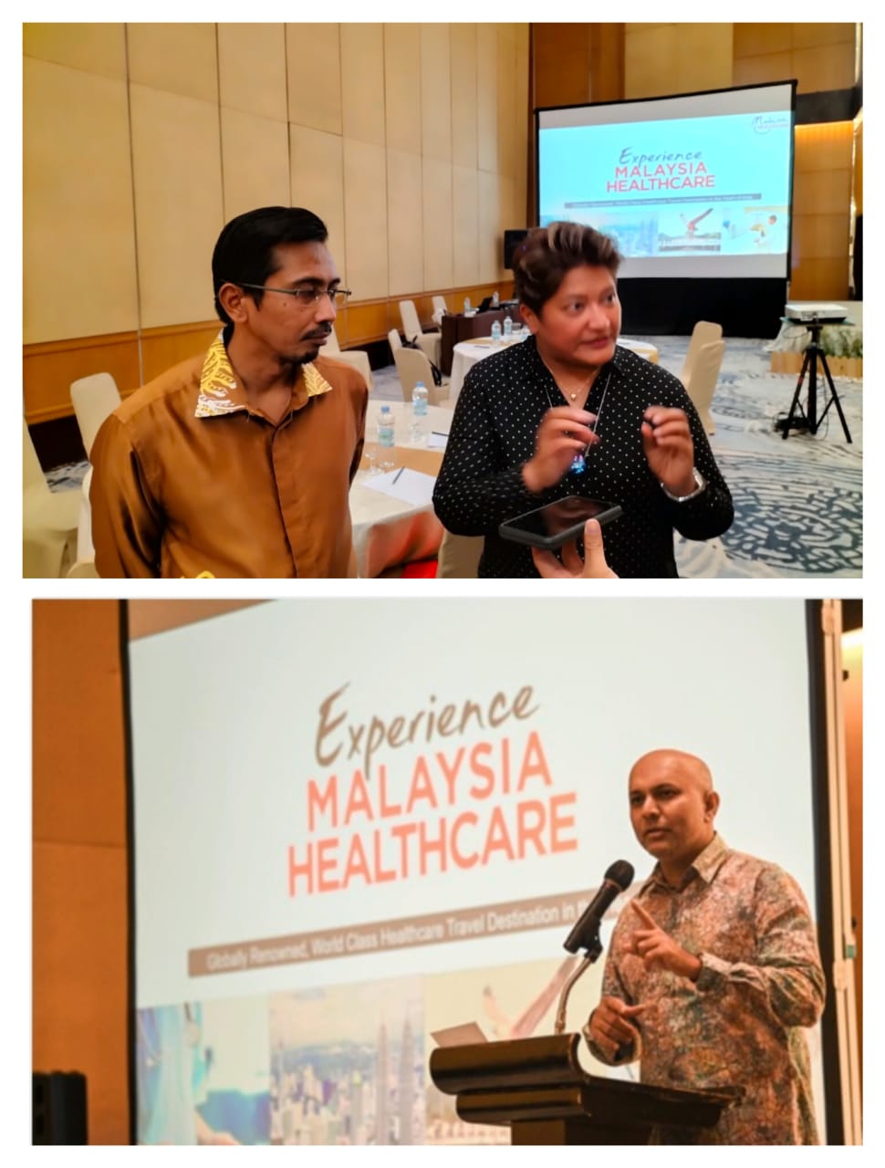 Konjen Malaysia di Medan Aiyub Omar (atas kiri) bersama Director Marketing Malaysia MHTC Indonesia Farah Delah Suhaimi (atas kanan), Mohd Daud Mohd Arif, CEO MHTC  (bawah) berbicara kepada wartawan di Hotel Aryaduta Medan Senin (19/9/2022) malam. beritasore/laswie wakid