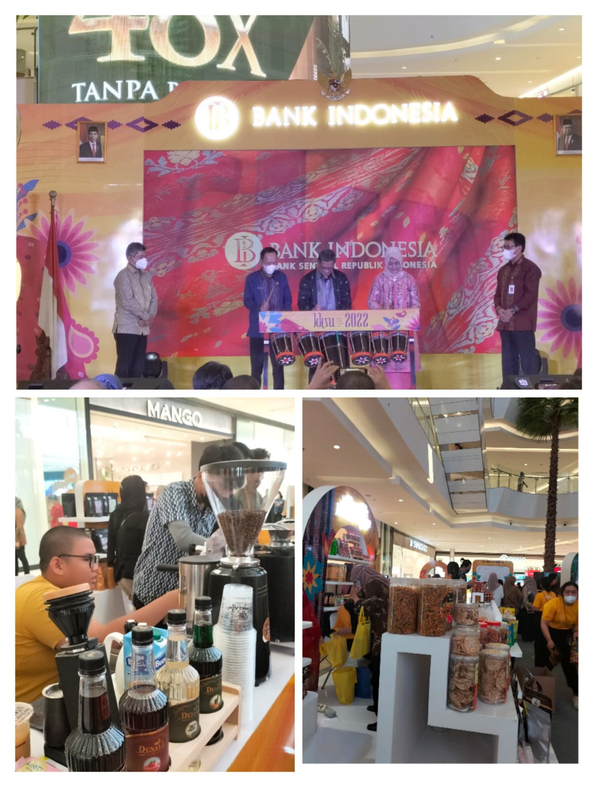 Deputi Gubernur BI Doni Primanto Joewono (tengah) didampingi Sekda Sumut Arief Sudarto Trinugroho (dua kiri), Ketua Dekranasda Sumut Ny Nawal Lubis Edy Rahmayadi (dua kanan) memukul gendang tanda pembukaan KKSU 2022 disaksikan Kepala Perwakilan BI Sumut Doddy Zulverdi (paling kiri) dan Kepala OJK Regional 5 Sumbagut Yusup Ansori (paling kanan) di Deli Park Mall Jumat (23/9/2022). beritasore/laswie wakid