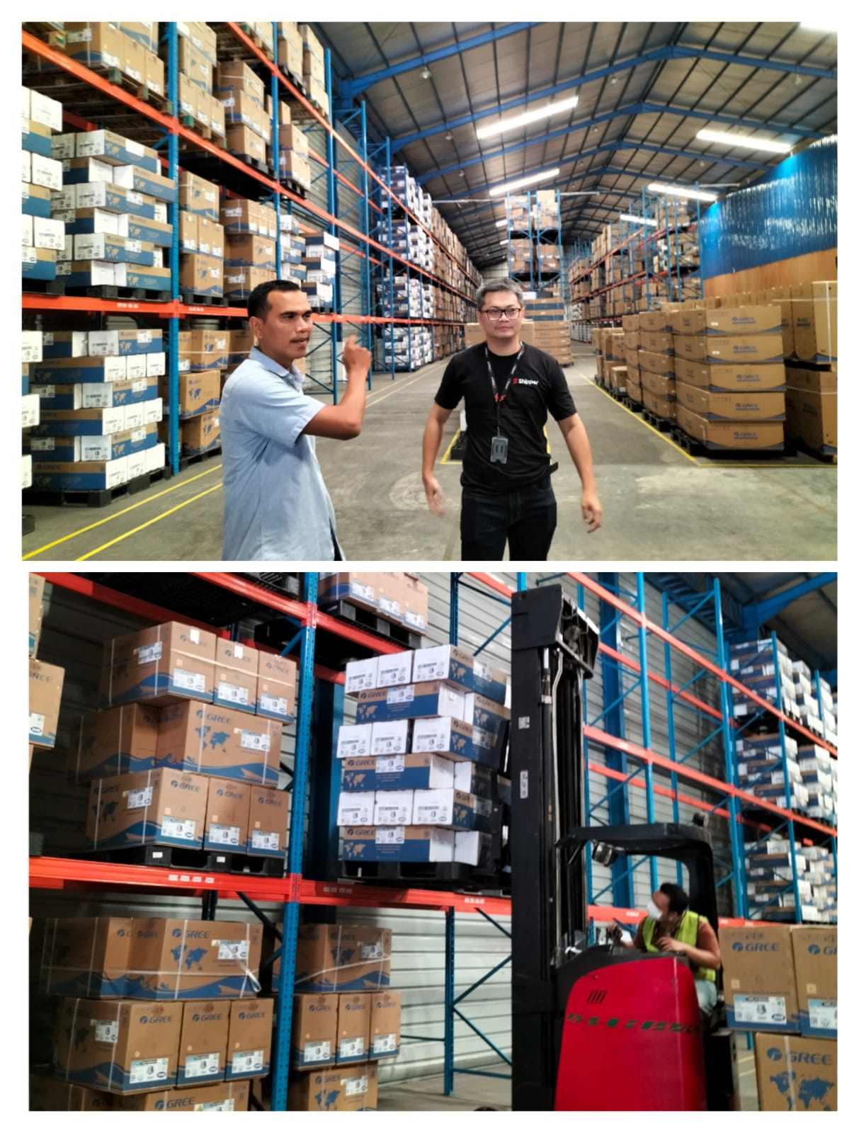 Even Alex Chandra, AVP External Affairs Shipper (kanan) dan Riswandi, Medan Warehouse Manager Shipper Indonesia (kiri) berbicara kepada wartawan di gudang Shipper, Kawasan Industri Medan (KIM) 3 Medan Selasa (27/9/2022) sore. beritasore/laswie wakid