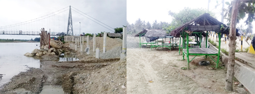  ( Foto Kiri) Proyek pembangunan bangunan perkuatan tebing sungai pada Sungai Batanggadis di Rumbio, ( Foto Kanan) Lopo Rambin Aek Godang Angin Marombus, yang lokasinya di dekat proyek, yang menjadi objek pariwisata. beritasore/Irham Hagabean Nasition