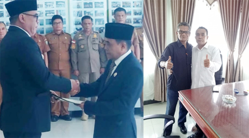 (Foto Kanan) Bupati Madina HM Jafar Sukhairi Nasution melantik Alamulhaq Daulay, SH menjadi Pj Sekda Madina, ( Foto Kiri)Jumpa teman lama di ruang kerja Sekda Madina. beritasore/ist