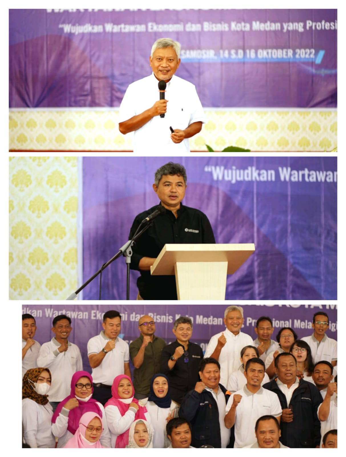 Komisaris Utama PT Finnet Indonesia Difi A Johansyah (atas) dan Kepala Perwakilan BI Sumut Doddy Zulverdi (tengah) dan bawah para peserta pada acara Capacity Building Wartawan Ekonomi dan Bisnis Kota Medan di Hotel Samosir Cottage Sabtu (15/10/2022). beritasore/laswie wakid