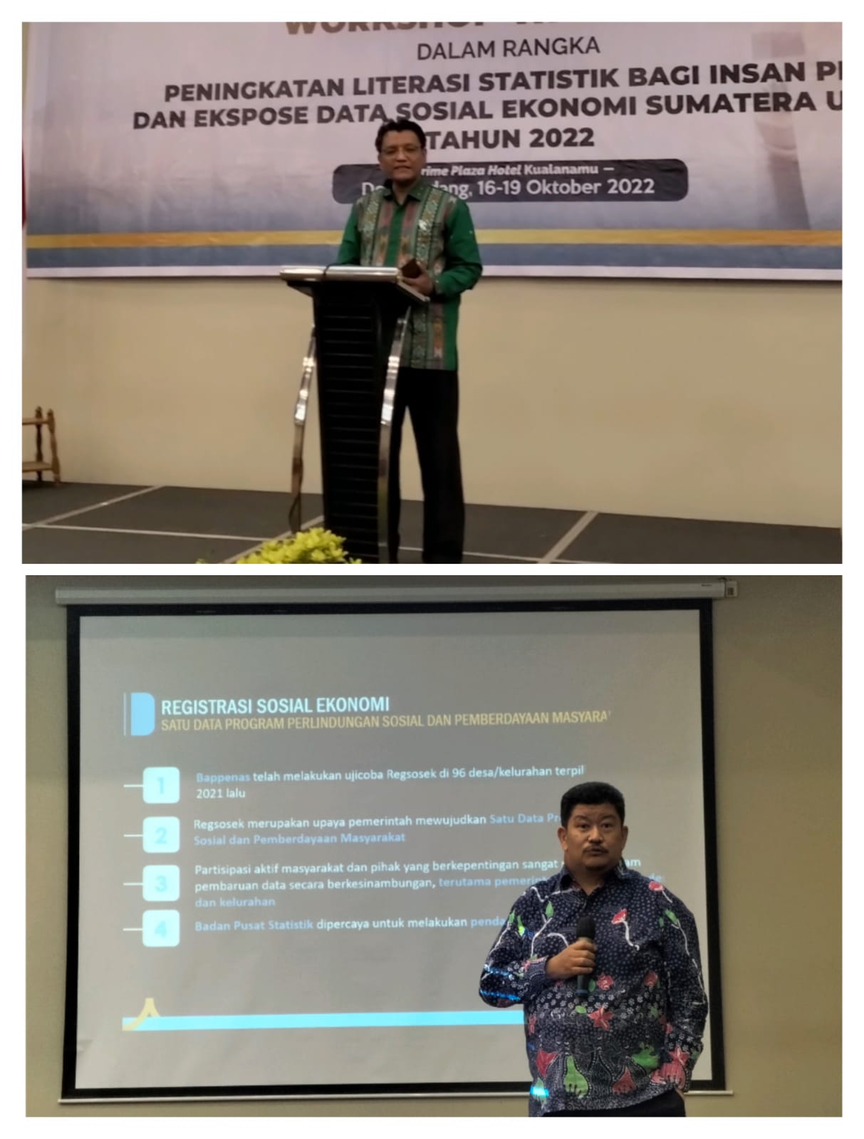Kepala BPS Sumut Nurul Hasanudin (atas) dan bawah Ketua Tim Fungsi Statistik BPS Sumut Azantaro pada Workshop BPS dengan wartawan di Prime Plaza, Kualanamu, Deliserdang Senin (17/10/2022). beritasore/ist