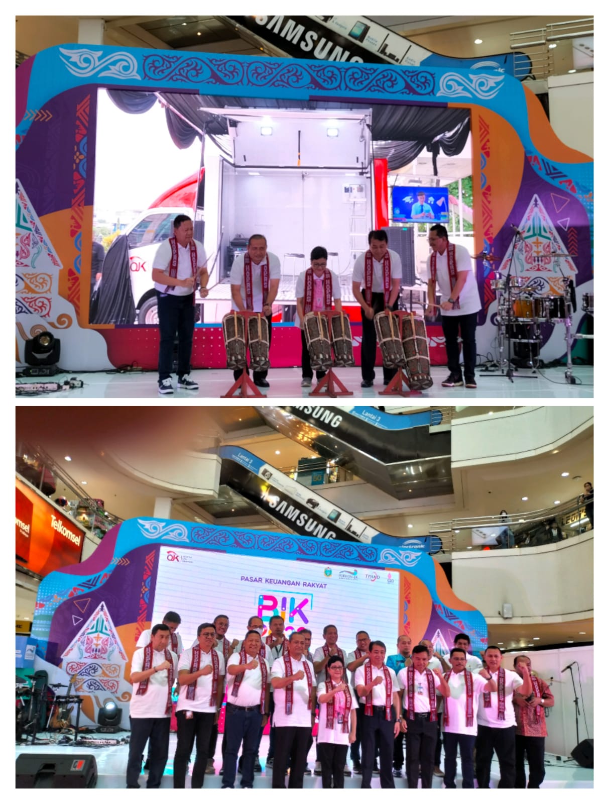 Staf Ahli Gubsu Agus Tripriyono, Ketua Dewan Audit merangkap Anggota Dewan Komisioner OJK, Sophia Isabella Wattimena dan Kepala OJK Regional 5 Sumbagut Yusup Ansori menabuh gendang pembukaan Pasar Keuangan Rakyat serangkaian BIK 2022 di Plaza Medan Fair Jumat (28/10/2022).beritasore/laswie wakid