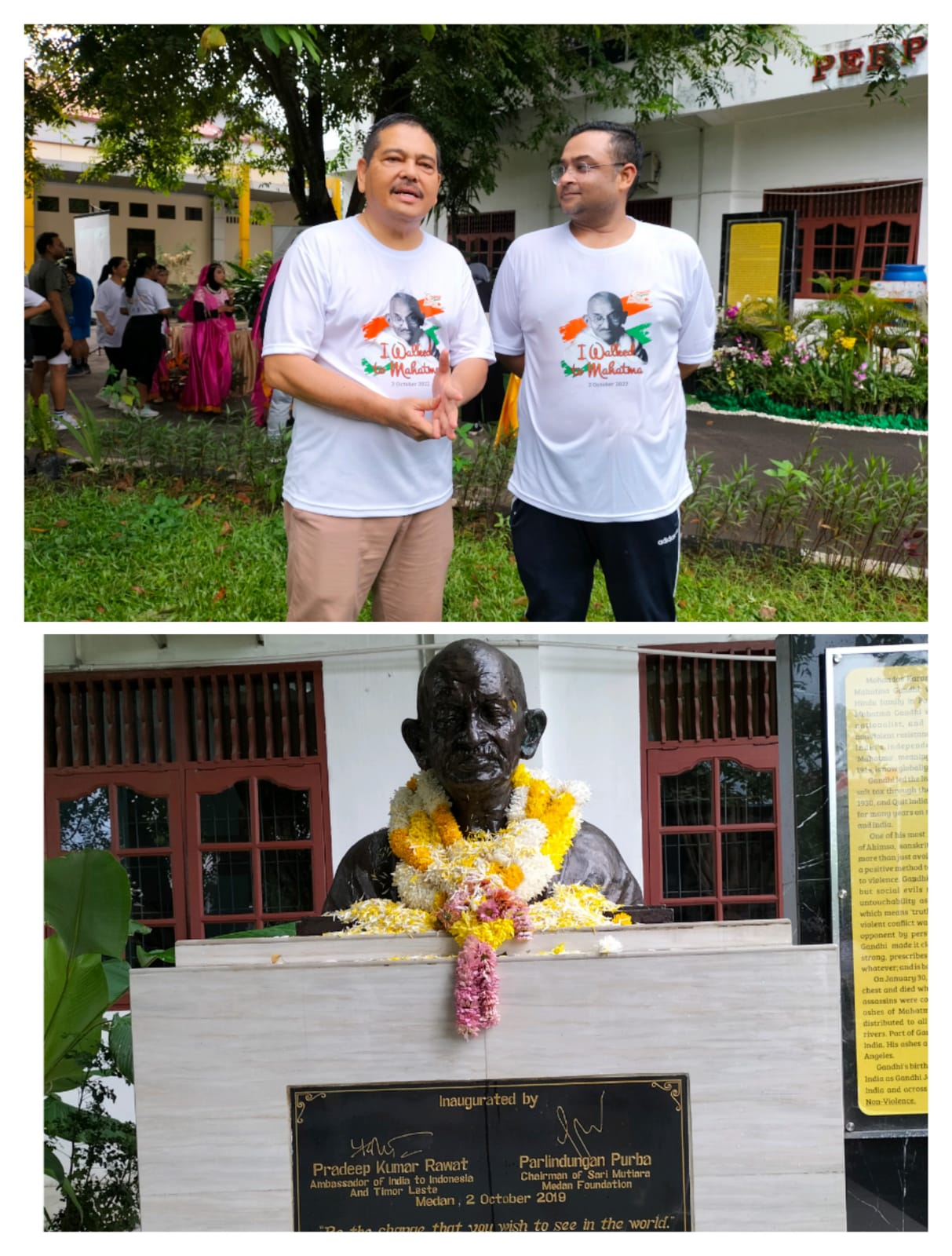 Konjen India Medan Subham Singh (kanan) bersama pimpinan USM Medan Parlindungan Purba (kiri) Minggu (2/10/2022) dan bawah patung Mahatma Gandhi di USM Medan Minggu (2/10/2022). beritasore/laswie wakid