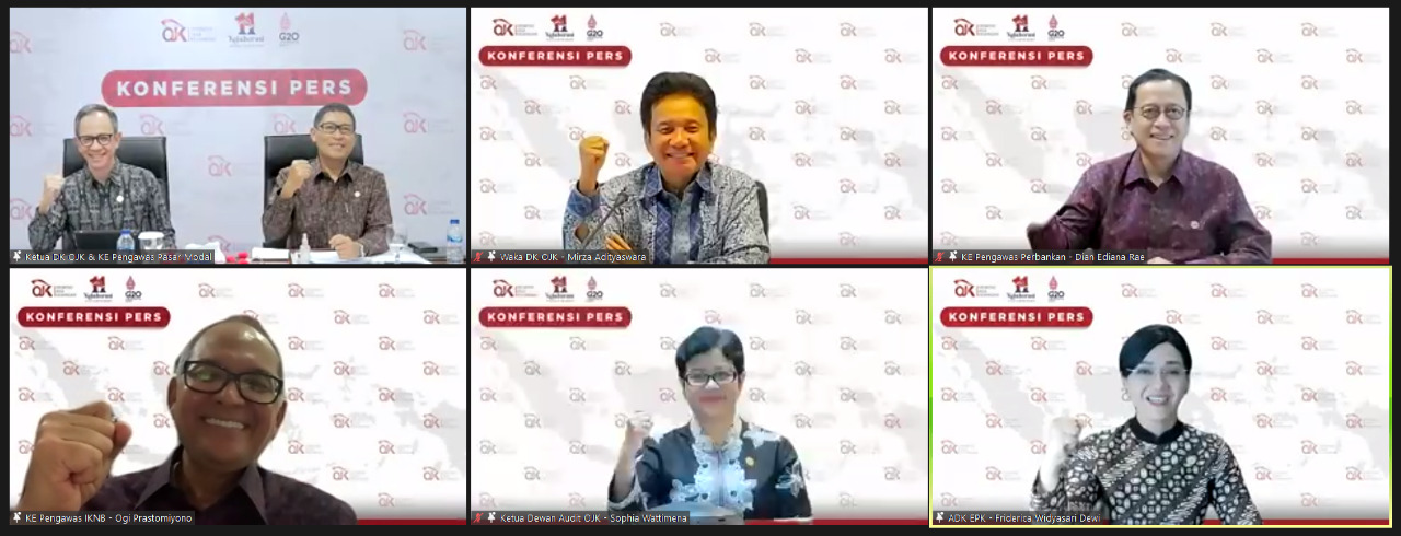 Ketua DK OJK Mahendra Siregar (kiri atas) bersama timnya pada konferensi pers secara virtual, Senin (3/10/2022). beritasore/ist