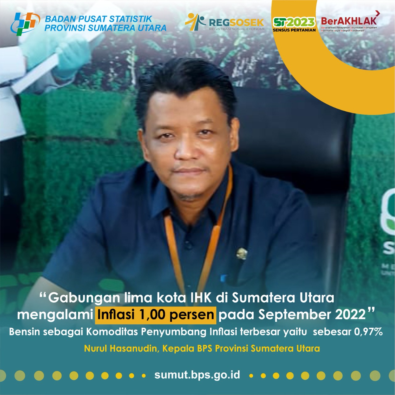 Kepala BPS Sumut Nurul Hasanudin pada siaran berita statistik secara live streaming YouTube Senin (3/10/2022). beritasore/ist