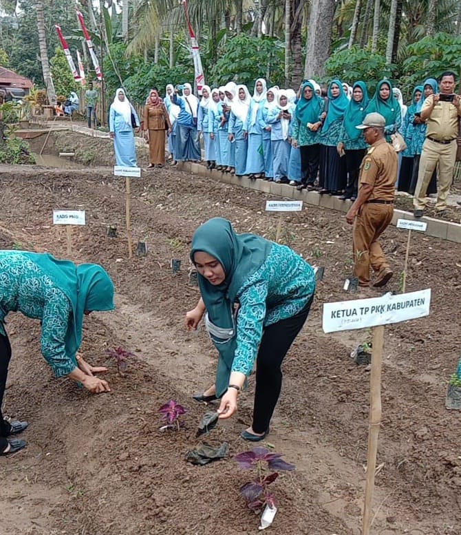 Tim rombongan PT Socfindo Conservation dengan Ketua TP.PKK Tapsel, Ny.Rosalina Dolly Pasaribu saat tanam perdana bibit Toga di Desa Muara Purba Nauli, Kecamatan Angkola Muaratais, Kabupaten Tapanuli Selatan (Tapsel), Senin (3/10). beritasore/Birong RT