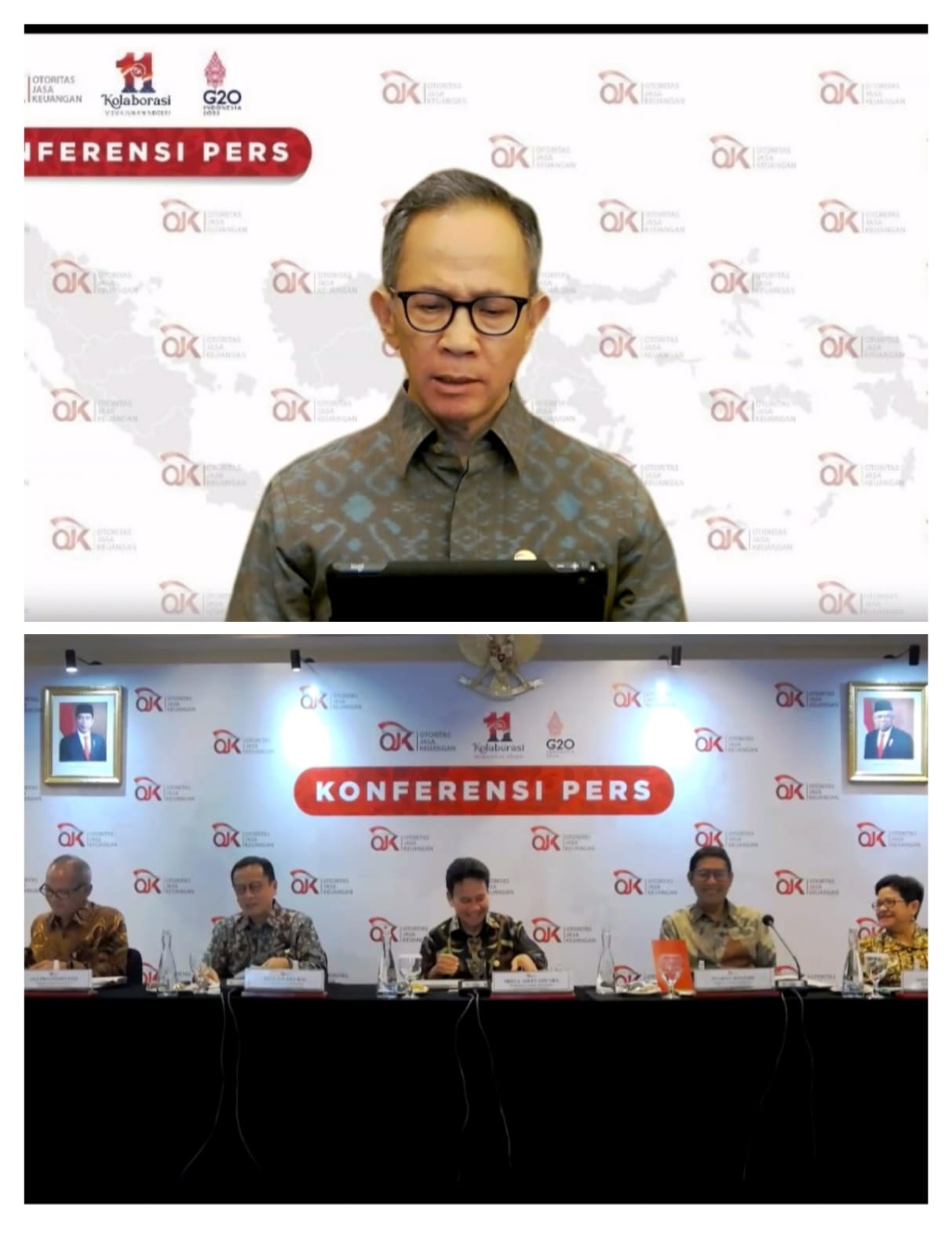 Ketua Dewan Komisioner OJK Mahendra Siregar (atas) dan bawah Anggota Dewan Komisioner pada Konferensi Pers secara virtual zoom Kamis (3/11/2022) sore.