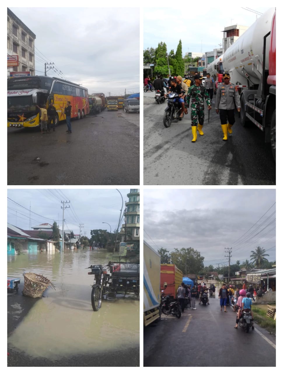 Antrian kenderaan truk dan mobil pribadi dari arah Kualasimpang, Aceh yang terjebak banjir dan tidak dapat melintas menuju Sumatera Utara dikarenakan air banjir menggenangi badan jalan dikawasan Bukit Rata, Kejuruan Muda.beritasore/ist