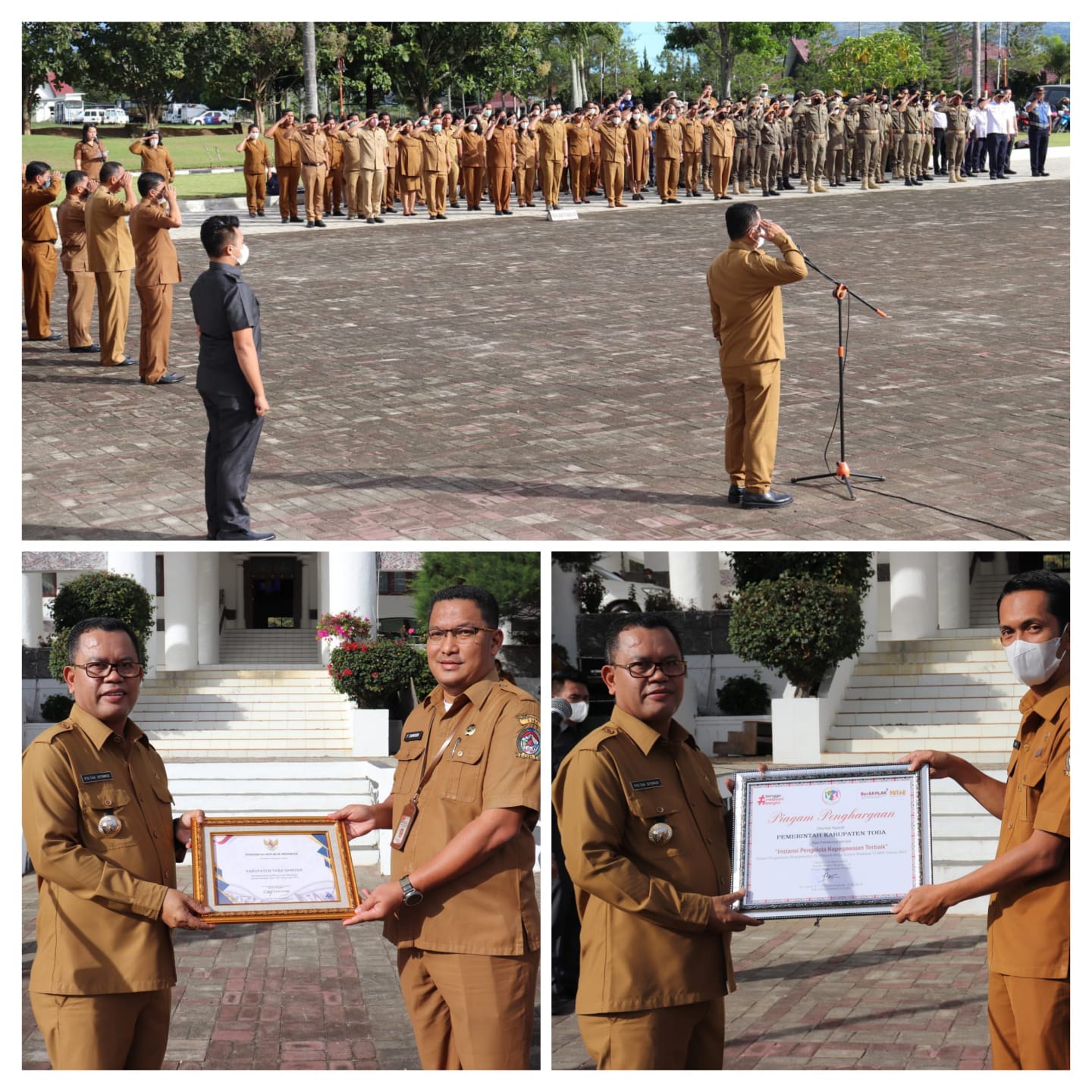 Keterangan foto: Kolase Bupati Toba, Ir.Poltak Sitorus pimpin apel gabungan di Halaman Kantor Bupati Toba, Senin (21/11). Foto: Ramsiana Gultom