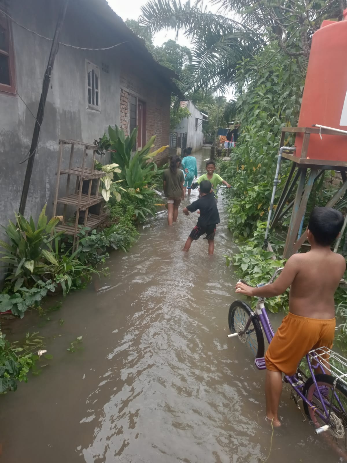 Rumah warga yang masih terendam banjir yang di lintasi sungai