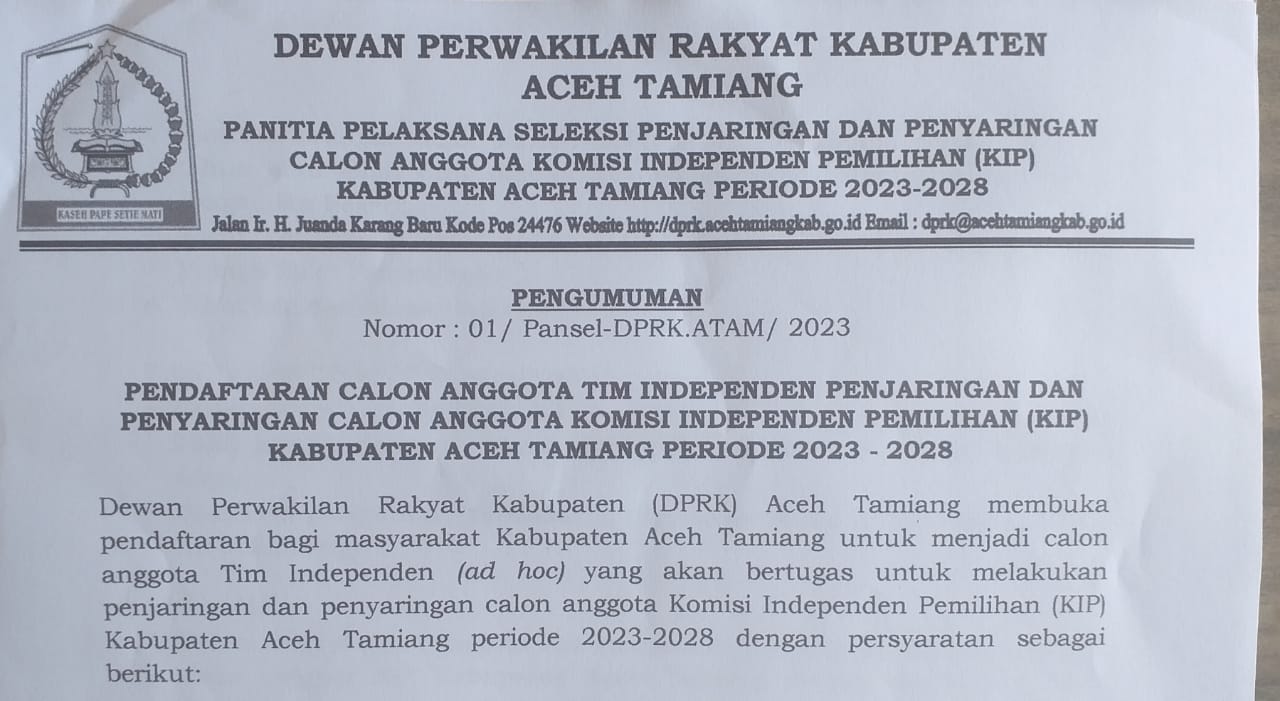 Pengumuman pendaftaran calon anggota Tim Independen.