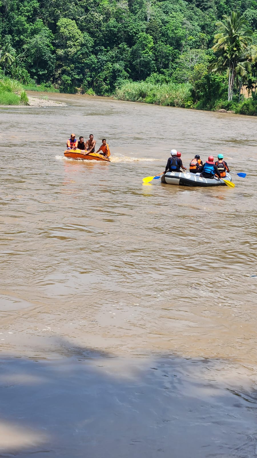 Teks foto beritasore/Ist Tim bersama masyarakat melakukan pencarian Kakek Palit, 60, hilang diduga di Sungai Batanggadis.