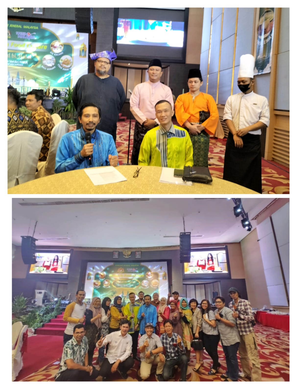 Teks foto Berita Sore/laswie wakid Atas, Konjen Malaysia di Medan En. Aiyub Omar (duduk kiri) dan Konsul Pelancongan En. Chan Hon Mun.l (duduk kanan). Bawah, bersama wartawan pada Halal bi Halal di Hotel Grand City Hall Medan Rabu (18/5/2023).
