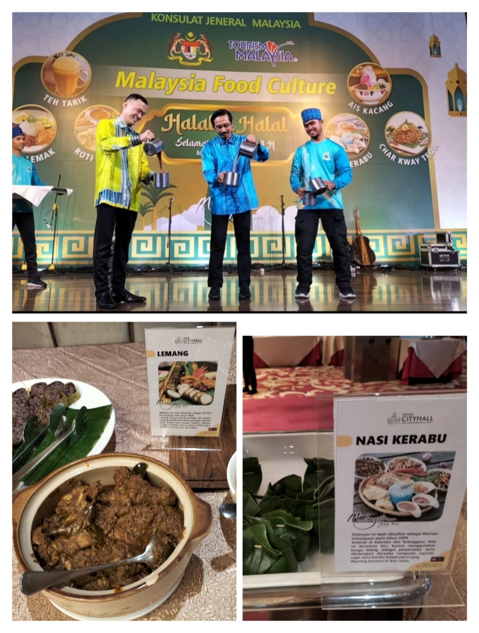 Berita Sore/laswie wakid Konjen Malaysia di Medan En. Aiyub Omar dan Konsul Pelancongan Malaysia En. Chan Hon Mun demontrasi teh tarik pada acara Food Culture dan Halal Bi Halal di Grand City Hall Jalan Balaikota Medan Rabu (17/5/2023).