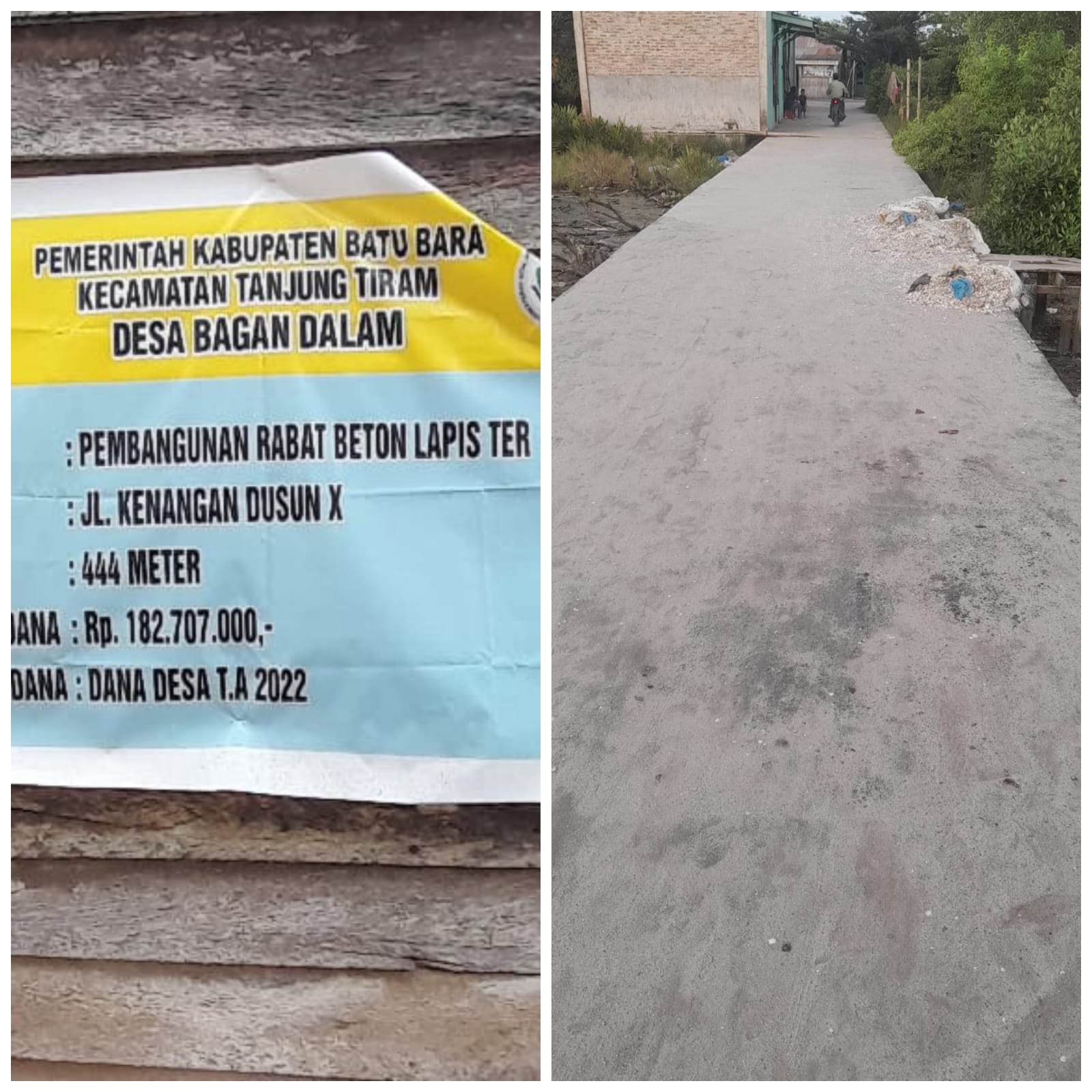 Teks fhoto: papan informasi Dana Desa (DD) TA/2022 pembangunan Rabat Beton lapisi ter Volume 444 meter, di badrol Rp.182.707.000 diduga tidak sesuai speksifikasi RAB Desa Minggu (28/5-2023).beritasore/alirsyah