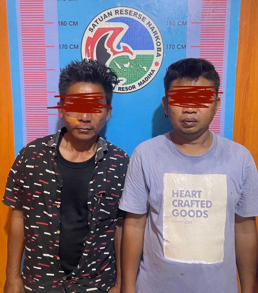 Teks foto Berita/ist Pemuda Pudolilombang menyergap delapan diduga terlibat Narkiba, dua orang Kedua TL alias Topik, 45, warga Kel. Dalanlidang dan BLB alias Luas, 42, warga Desa Sarakmatua, diserahkan ke Mapopres Madina.