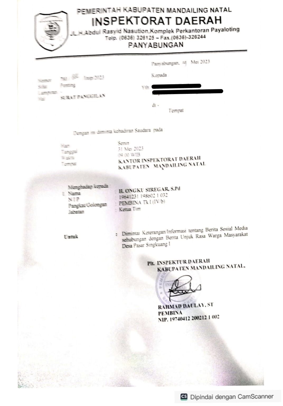 Teks foto beritasore/ist Surat Inspektorat Daerah Pemkab Madina ditujukan ke ASN bertugas di Singkuang, tak jelas untuk apa.